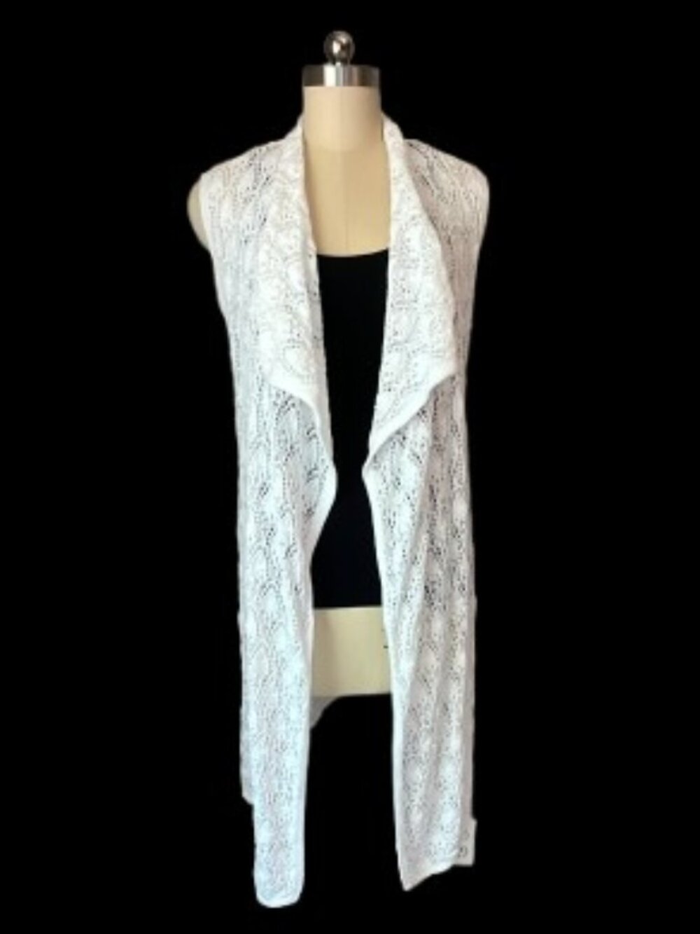 Long Crochet White Vest Open Knit Sleeveless Cardigan Boho Duster Large -LNC
